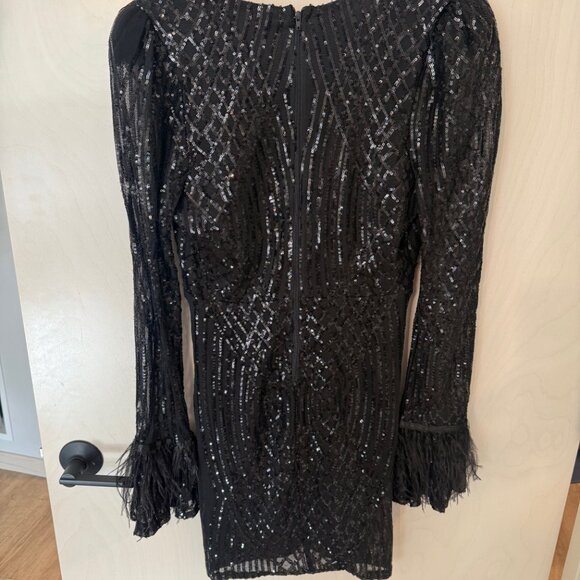 Windsor Black Sequin Mini Dress with Long Sleeves + Feather Cuffs - Picture 3 of 3